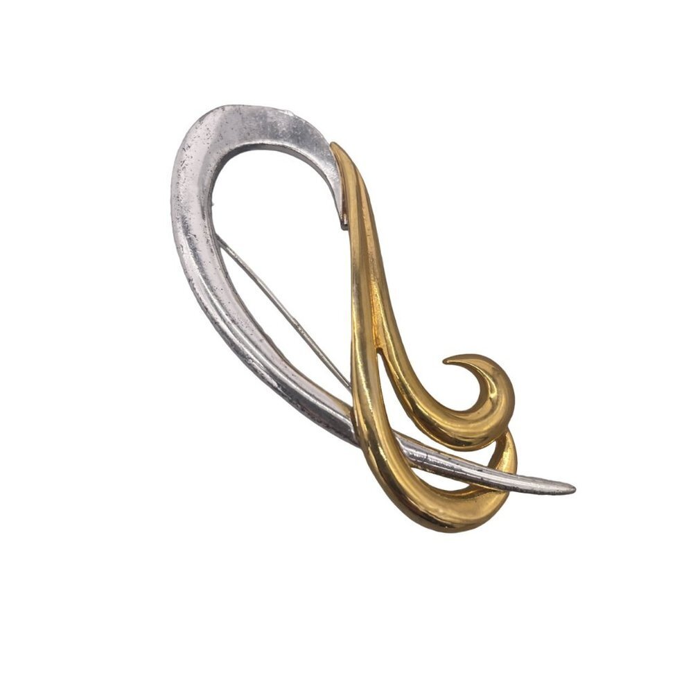 M Jent Modern Swirl Abstract Shape Brooch Pin Silver and Gold Tone Vintage